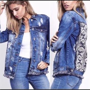 Jaase MATILDA Distressed Denim Lace Panel  Sequin Fringe Jean Jacket - S